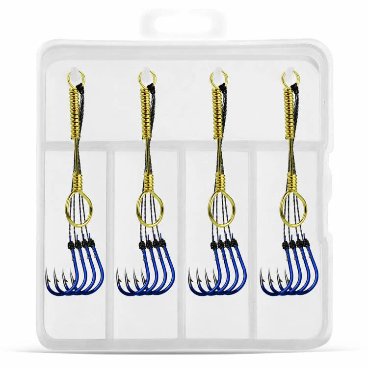 LINNHUE 4pcs /Box Carp Fishing Hooks Hand Tied High Carbon Steel Chinu Hooks With Bait Spring, Spec: No. 3.0(Blue)