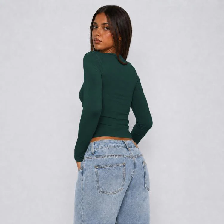 Long Sleeve Sexy Y2K Form-Fitting Slim Knitted T-shirt Top, Size:M(Dark Green) - Image 3