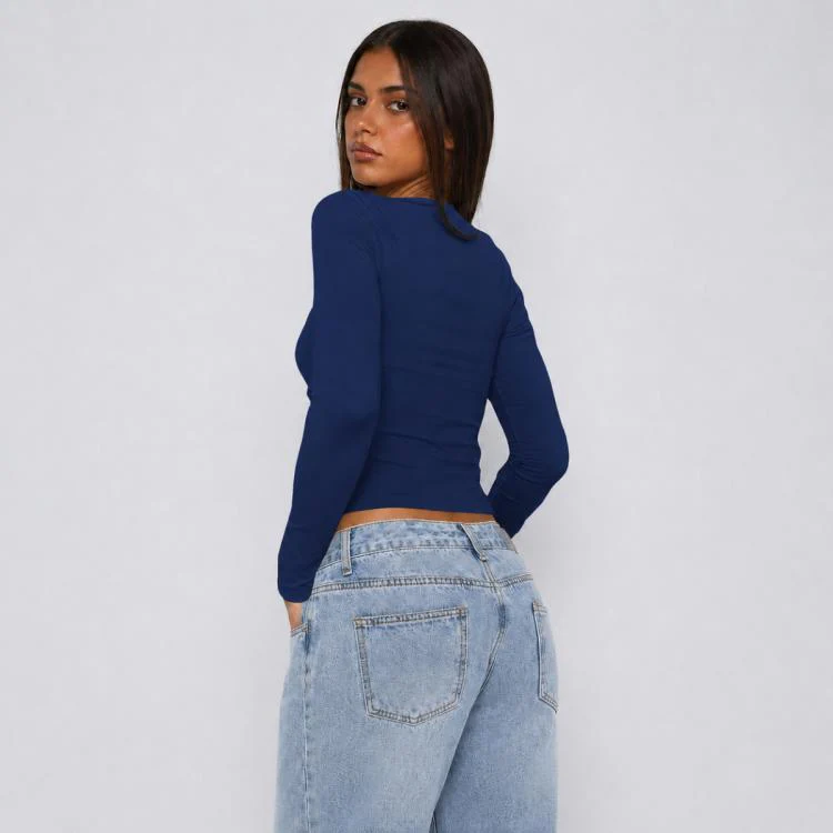 Long Sleeve Sexy Y2K Form-Fitting Slim Knitted T-shirt Top, Size:M(Navy Blue) - Image 3