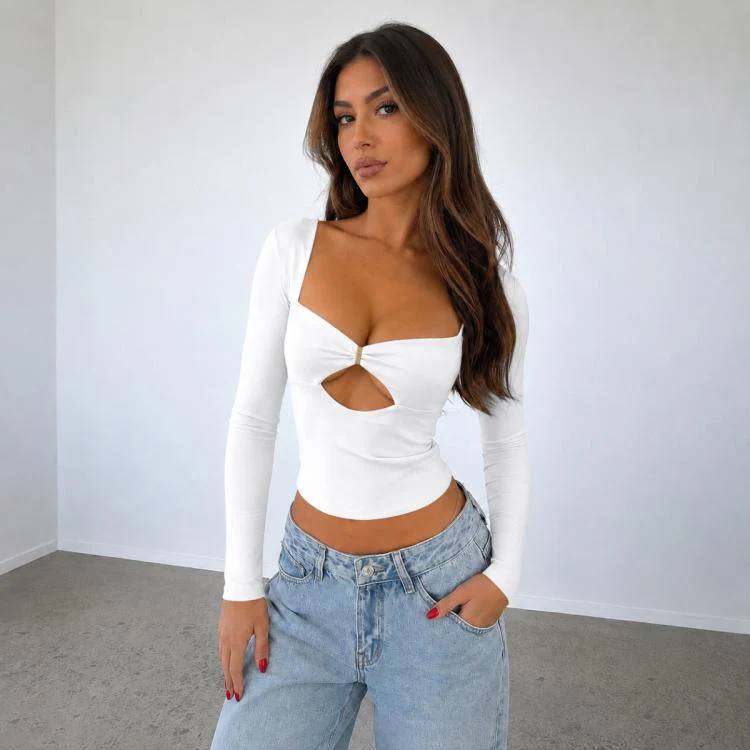 Long Sleeve Sexy Y2K Form-Fitting Slim Knitted T-shirt Top, Size:M(White)