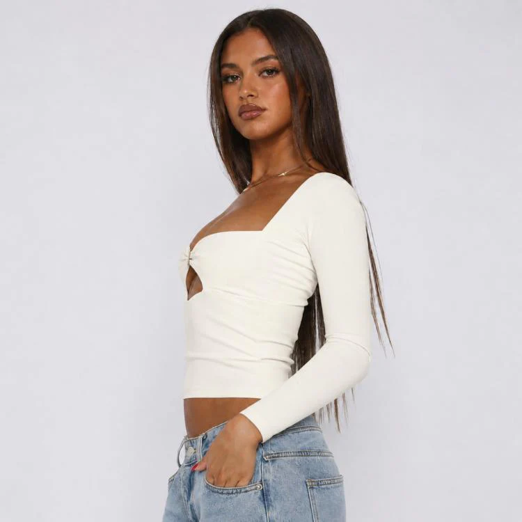 Long Sleeve Sexy Y2K Form-Fitting Slim Knitted T-shirt Top, Size:XXL(Creamy Apricot) - Image 2