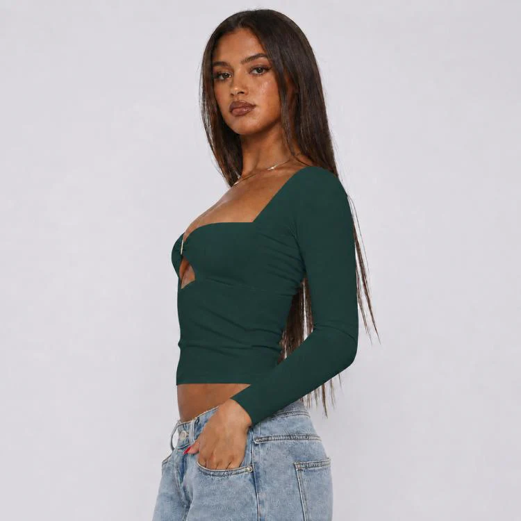 Long Sleeve Sexy Y2K Form-Fitting Slim Knitted T-shirt Top, Size:XXL(Dark Green) - Image 2