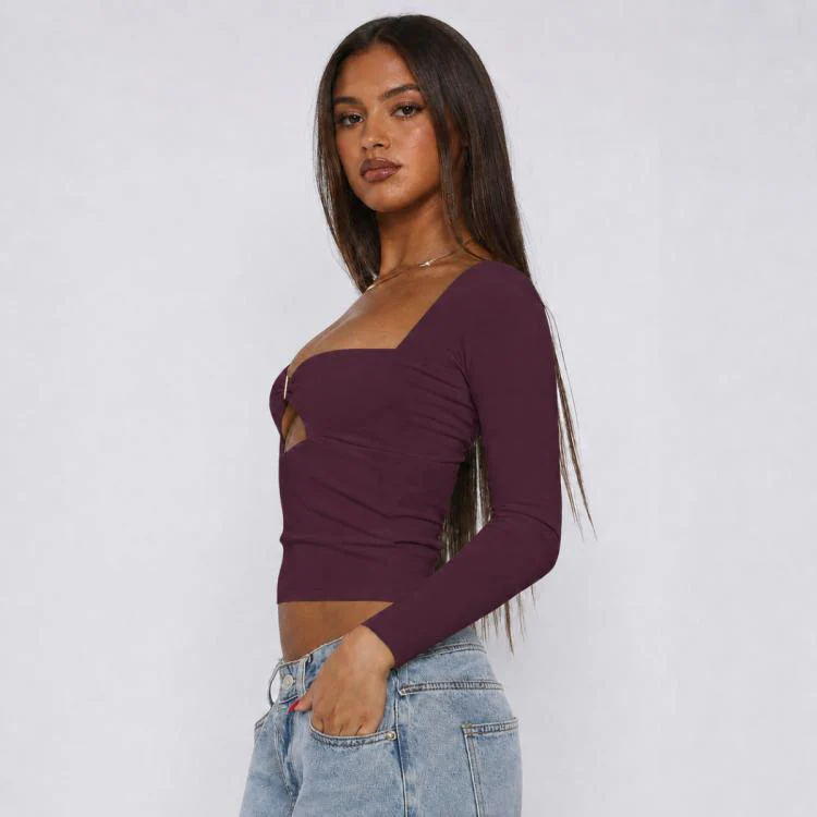 Long Sleeve Sexy Y2K Form-Fitting Slim Knitted T-shirt Top, Size:XXL(Purple Red) - Image 2