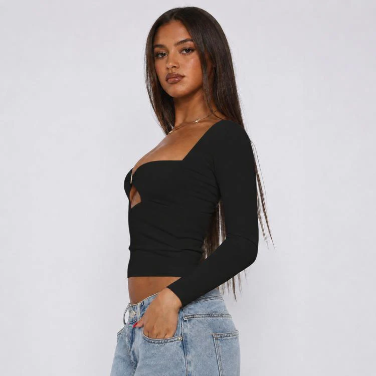 Long Sleeve Sexy Y2K Form-Fitting Slim Knitted T-shirt Top, Size:XXS(Black) - Image 2