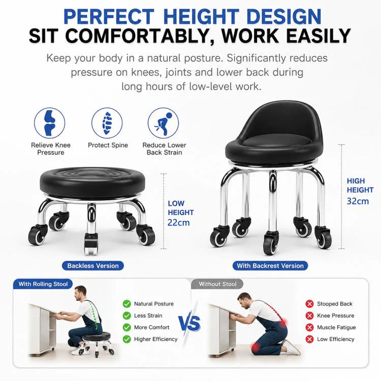 Low Rolling Stool with Wheels Small Swivel Roller Stool Backrest 32cm Bearing Wheels - Image 6