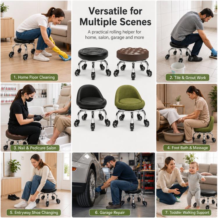 Low Rolling Stool with Wheels Small Swivel Roller Stool Backrest 32cm Bearing Wheels - Image 8