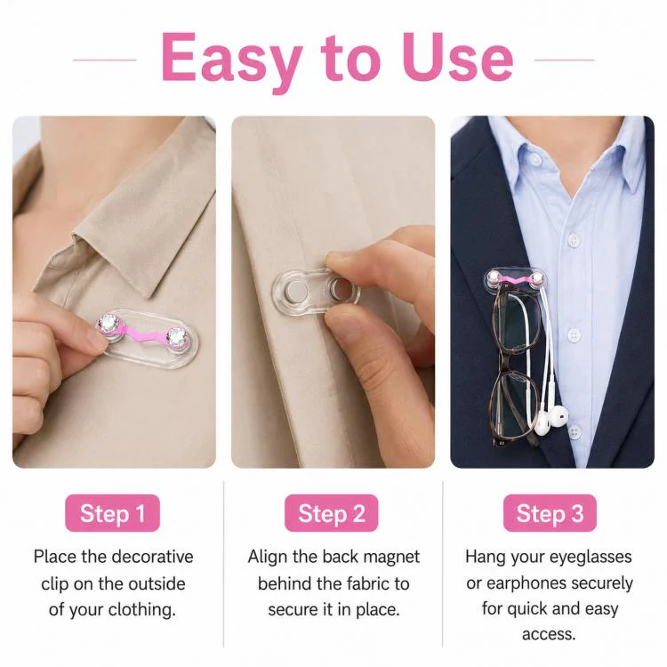 Magnetic Glasses Holder Magnetic Brooch Number Plate Headset Glasses Clip, Color: Pink Foundation With White Diamonds - Image 4