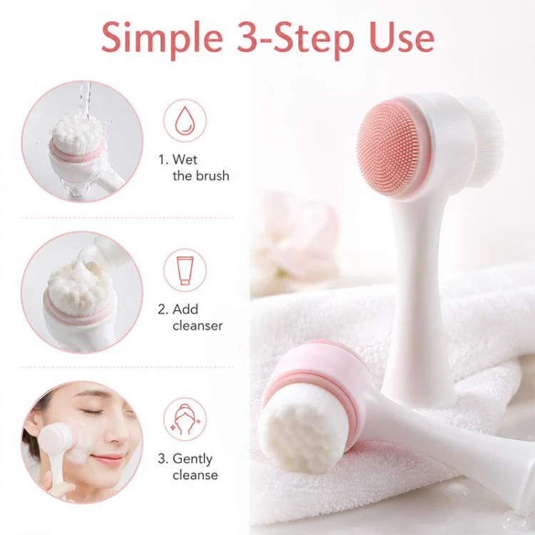 Manual Double-Sided Silicone Facial Cleansing Brush, Soft Face Scrubber and Massage Tool(Pink White) - Image 8