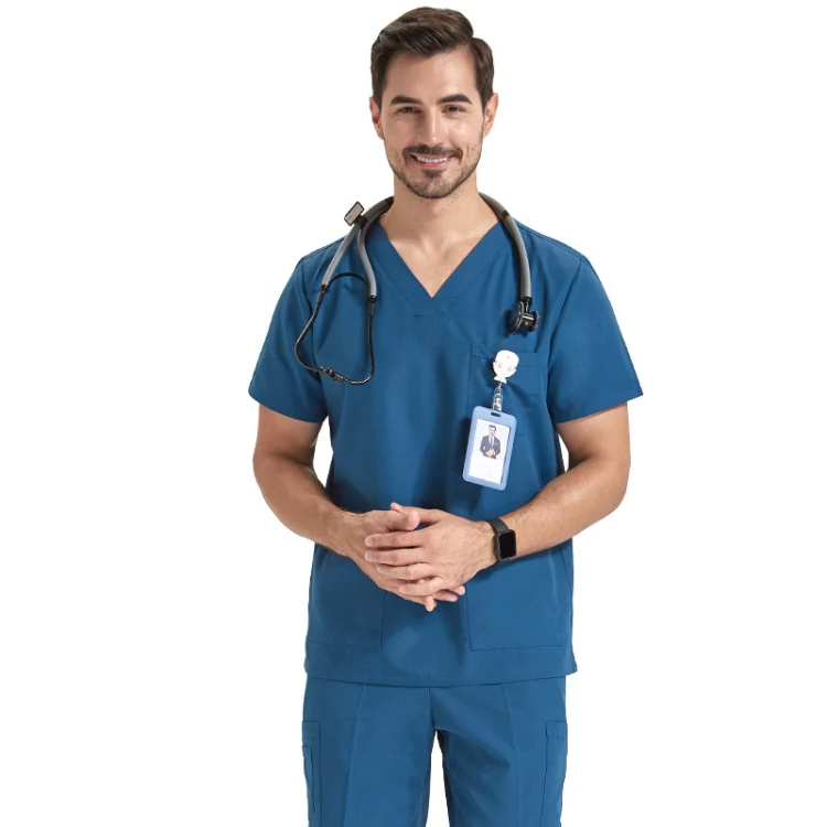 Men Grooming Pet Dental Work Clothes Short-Sleeved Top + Pants Set, Size: XL(Peacock Blue) - Image 2