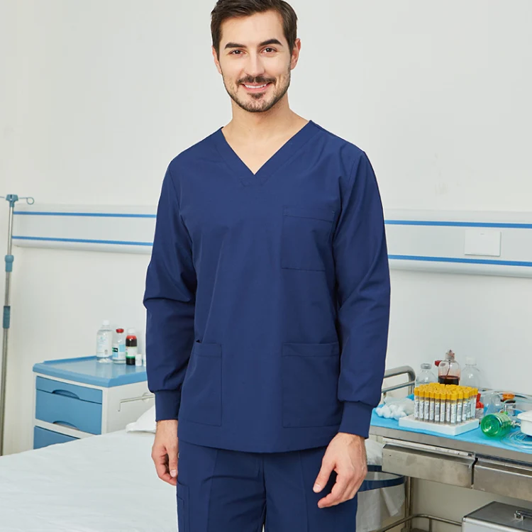 Men Scrub Pet Dental Work Clothes Long-sleeved Top + Pants Set, Size: XXXL(Tibetan Blue)