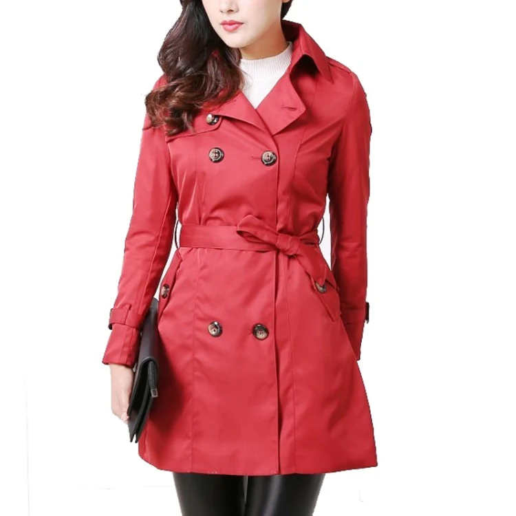 Mid-length Slim Casual Lace-up Trench Windbeaker (Color:Red Size:M) - Image 2
