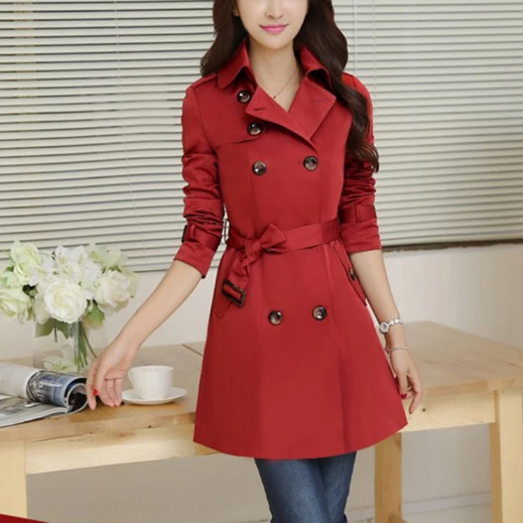 Mid-length Slim Casual Lace-up Trench Windbeaker (Color:Red Size:M) - Image 4