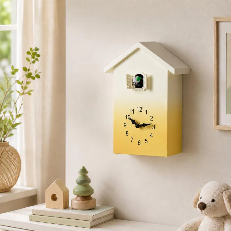 Modern Cuckoo Clock Kids House Shaped Wall Clock with Bird Chime Quiet Non-Ticking Decorative Wall Clock for Living Room Bedroom(T62 Yellow)