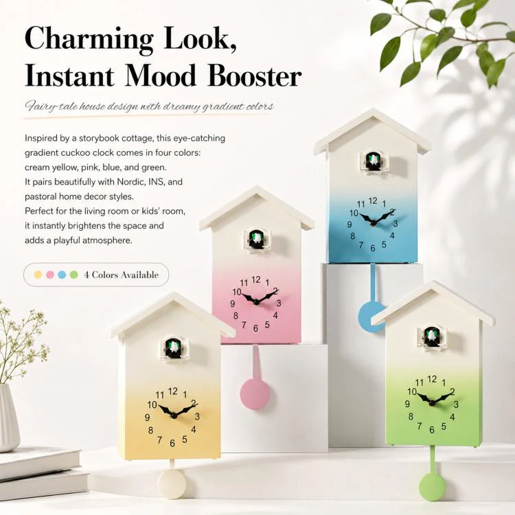 Modern Cuckoo Clock Kids House Shaped Wall Clock with Bird Chime Quiet Non-Ticking Decorative Wall Clock for Living Room Bedroom(T62 Yellow) - Image 2