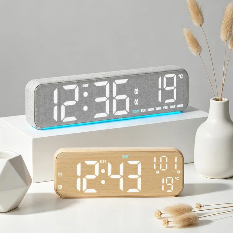 Modern LED Digital Desk Clock with Temperature Date, Silent Alarm Clock with Dual Alarm 5801 Grey Fabric - Image 2
