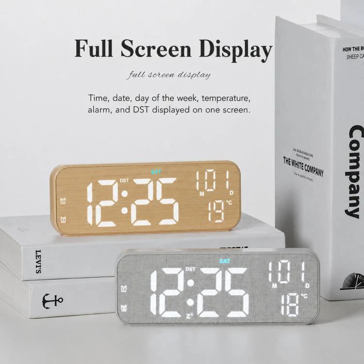 Modern LED Digital Desk Clock with Temperature Date, Silent Alarm Clock with Dual Alarm 5801 Grey Fabric - Image 4