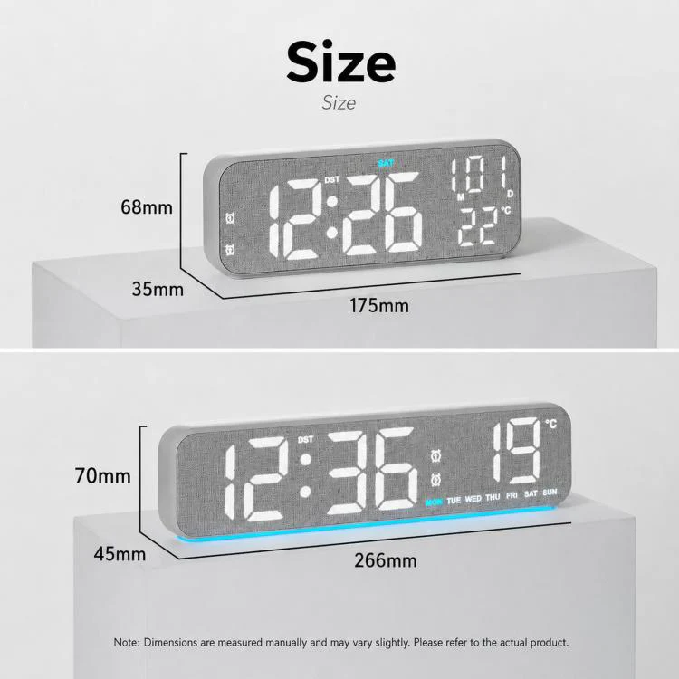 Modern LED Digital Desk Clock with Temperature Date, Silent Alarm Clock with Dual Alarm 5801 Grey Fabric - Image 8