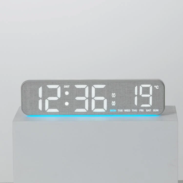 Modern LED Digital Desk Clock with Temperature Date, Silent Alarm Clock with Dual Alarm 5802 Grey Fabric
