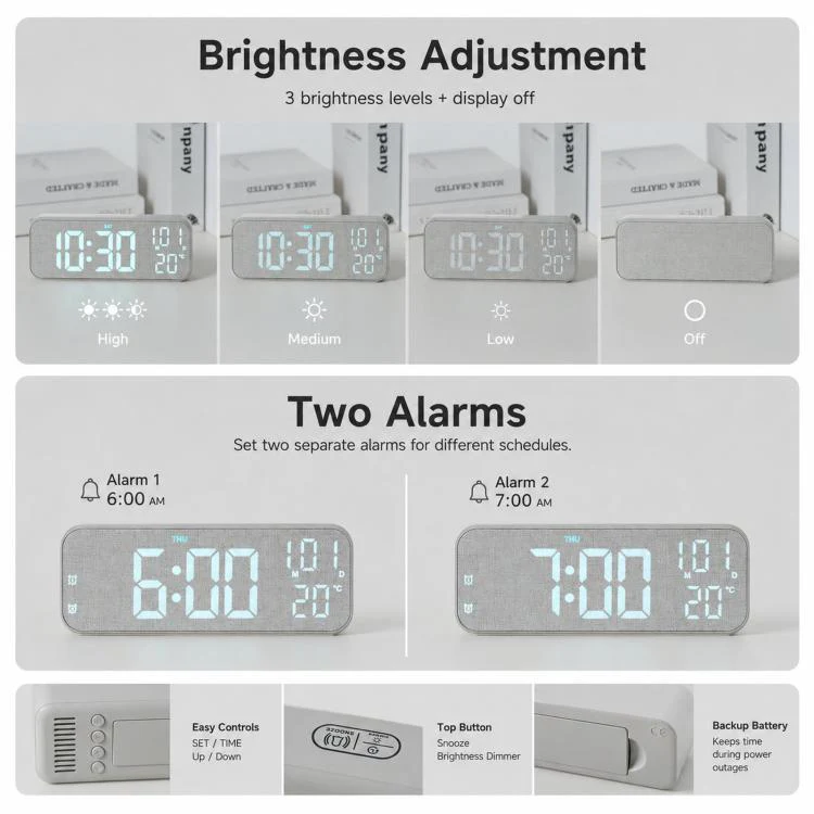 Modern LED Digital Desk Clock with Temperature Date, Silent Alarm Clock with Dual Alarm 5802 Grey Fabric - Image 5