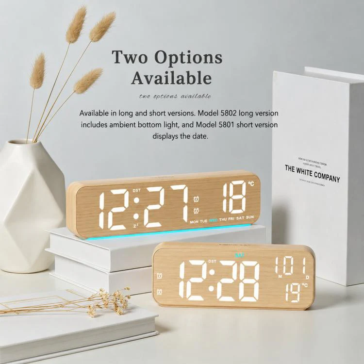 Modern LED Digital Desk Clock with Temperature Date, Silent Alarm Clock with Dual Alarm 5802 Yellow Wood Grain - Image 3