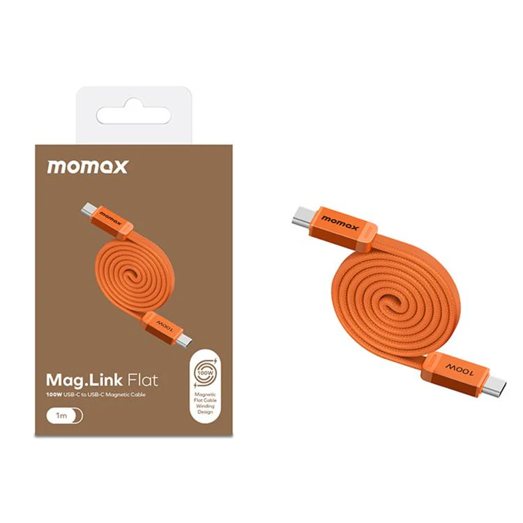 MOMAX 100W Type-C to Type-C Magnetic Retractable Fast Charging Braided Cable, Length:1m(Orange)