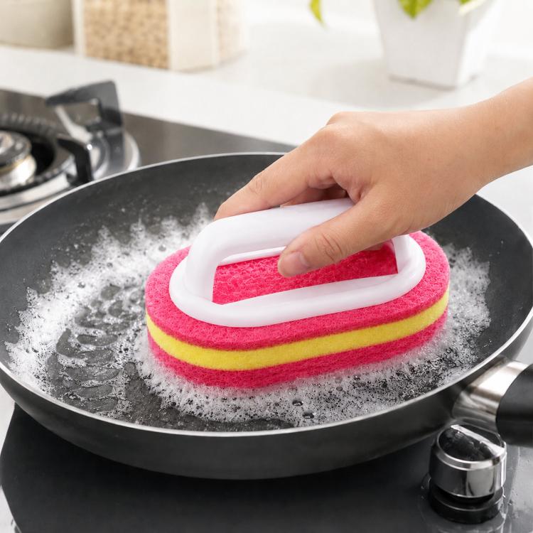 Multi-Purpose Scrub Sponge Brush With Handle Non-Scratch 3-Layer Thickened Polyester Fiber Scouring Pad For Pots, Pans, Stove(Red)