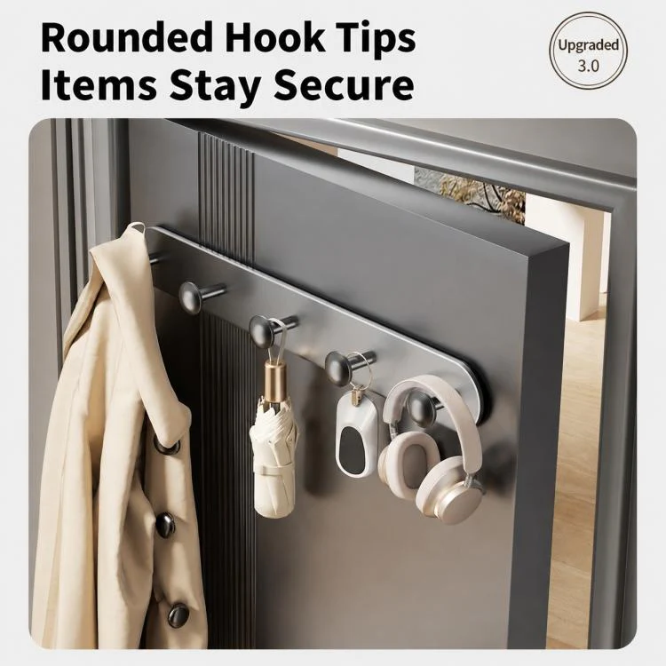 Multifunctional Magnetic Storage Hook Rack Wall Mounted No Drilling Hook Rail, Type:4 Hooks(Creamy) - Image 5