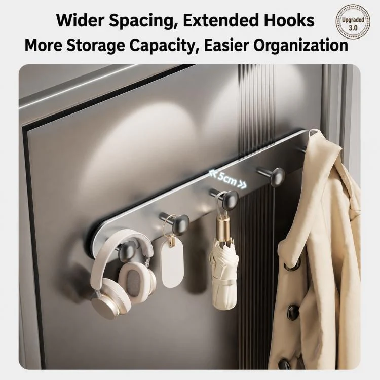 Multifunctional Magnetic Storage Hook Rack Wall Mounted No Drilling Hook Rail, Type:4 Hooks(Creamy) - Image 7