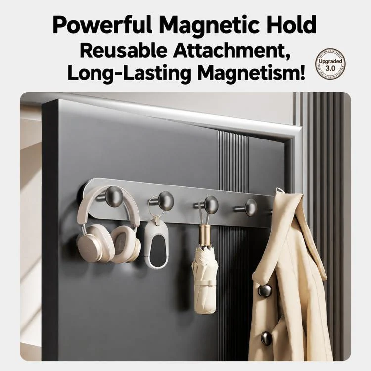 Multifunctional Magnetic Storage Hook Rack Wall Mounted No Drilling Hook Rail, Type:5 Hooks(Creamy) - Image 4