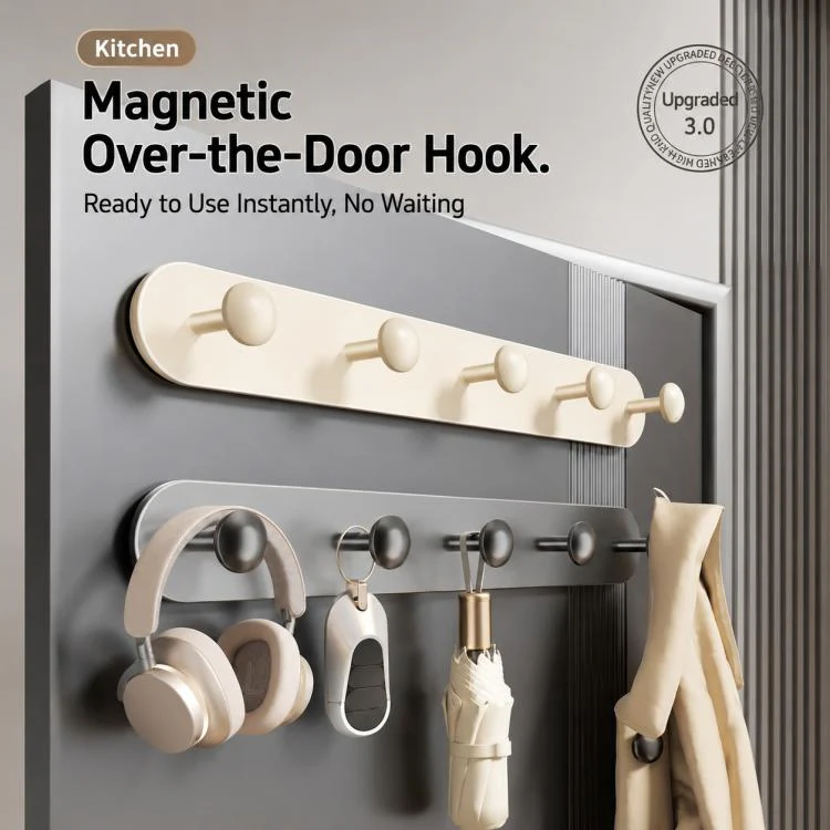Multifunctional Magnetic Storage Hook Rack Wall Mounted No Drilling Hook Rail, Type:6 Hooks(Gun Metal) - Image 2