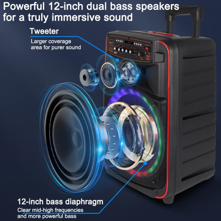 N-625 Outdoor Karaoke 12-inch Woofer RGB Portable Trolley Bluetooth Speaker with Dual Wireless Mic, Plug:UK Plug(Black) - Image 6