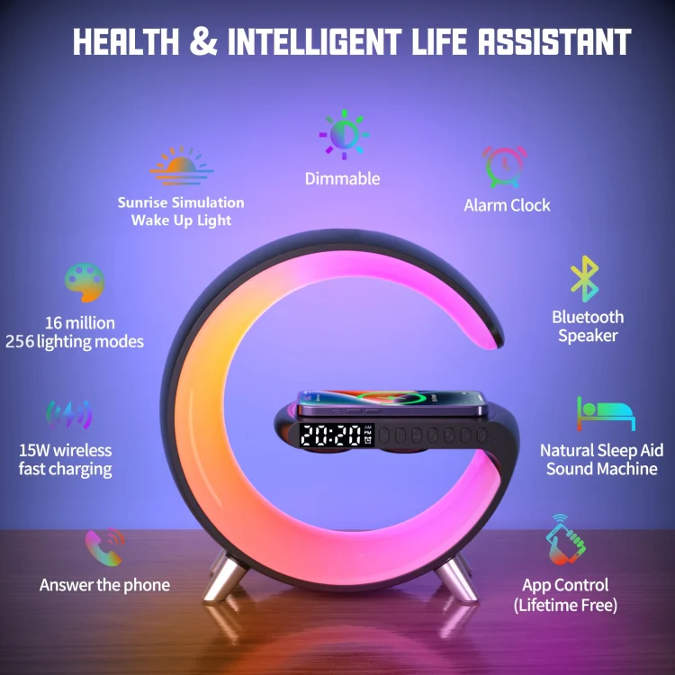 N69 Smart Bluetooth Speaker Support Wireless Charger & Alarm Clock & Ambient Light, US Plug(Black) - Image 2