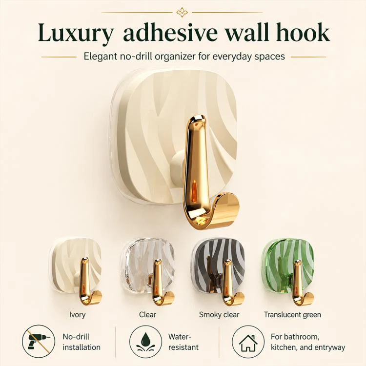 No Drill Light Luxury Plastic Adhesive Hooks Traceless Heavy-Duty Clothes Hook, Style:Gold Hook(Transparent) - Image 2