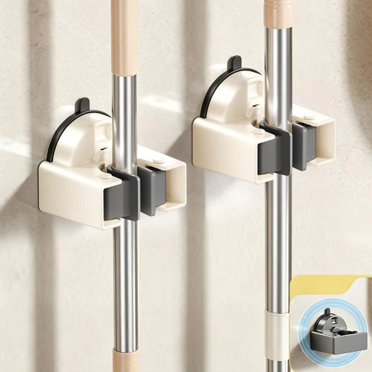 No-drill Suction Cup Wall Mount Mop Holder Broom Storage Clip, Type:2pcs Integrated Mop Holder(Creamy White)