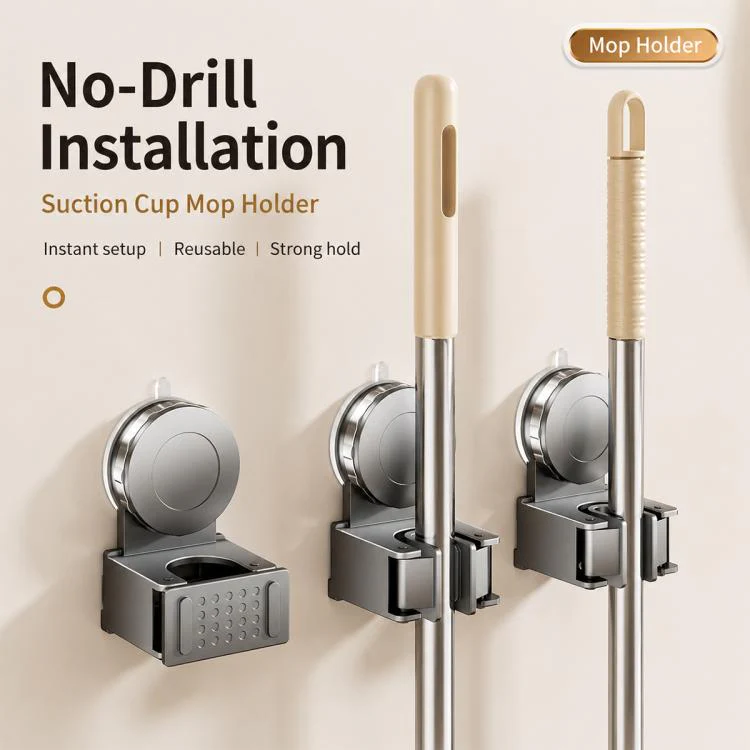 No-drill Suction Cup Wall Mount Mop Holder Broom Storage Clip, Type:2pcs Integrated Mop Holder(Grey) - Image 2