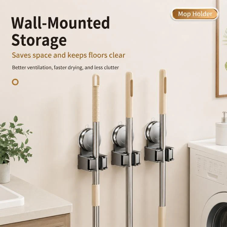 No-drill Suction Cup Wall Mount Mop Holder Broom Storage Clip, Type:2pcs Integrated Mop Holder(Grey) - Image 9