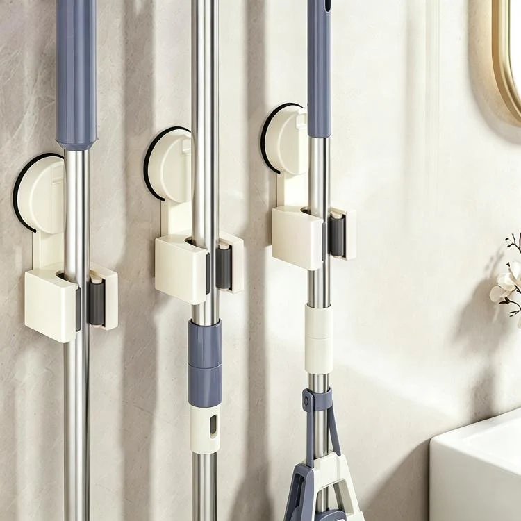 No-drill Suction Cup Wall Mount Mop Holder Broom Storage Clip, Type:3pcs Classic Mop Holder(Creamy White)