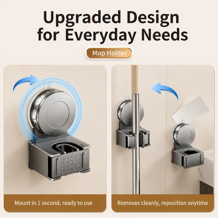 No-drill Suction Cup Wall Mount Mop Holder Broom Storage Clip, Type:3pcs Integrated Mop Holder(Grey) - Image 3