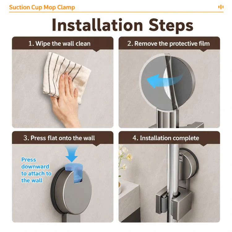 No-drill Suction Cup Wall Mount Mop Holder Broom Storage Clip, Type:3pcs Mop Holder(Grey) - Image 12