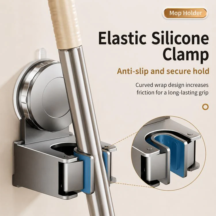 No-drill Suction Cup Wall Mount Mop Holder Broom Storage Clip, Type:Mop Holder(Creamy White) - Image 5