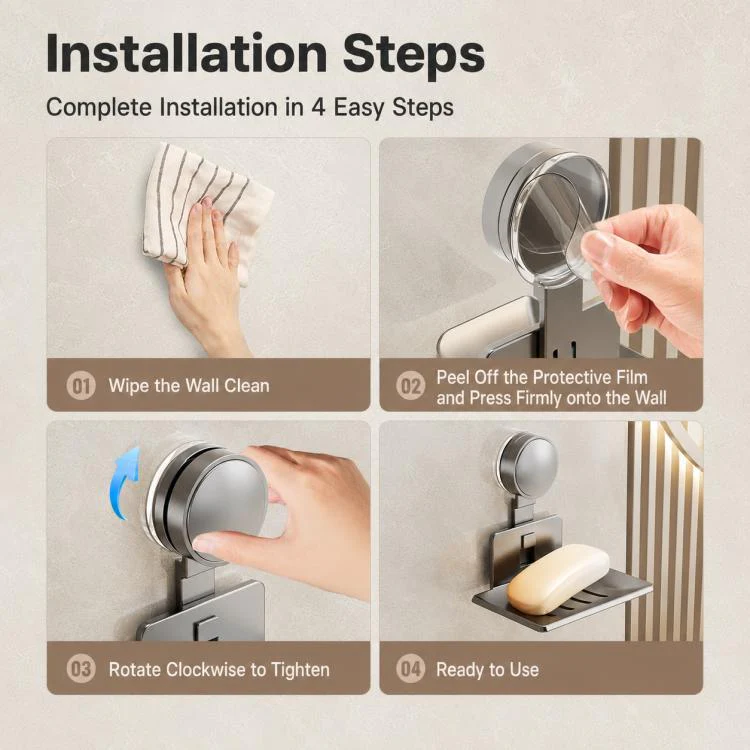 No Drilling Wall Mounted Suction Cup Soap Holder Drainable Metal Storage Tray, Type:Single Pack(Creamy) - Image 12