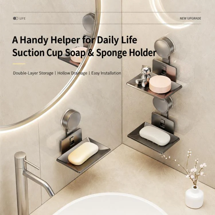 No Drilling Wall Mounted Suction Cup Soap Holder Drainable Metal Storage Tray, Type:Single Pack(Grey) - Image 3