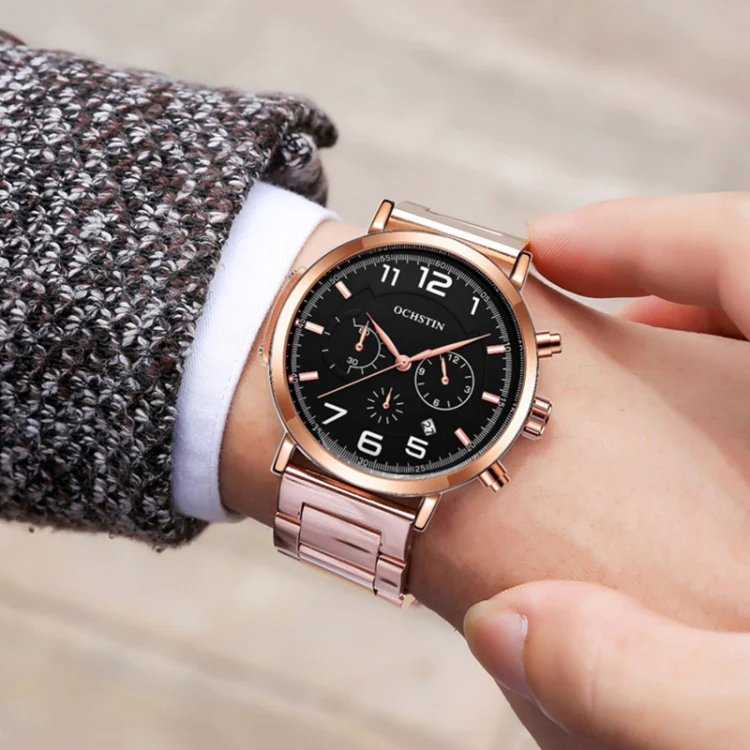 OCHSTIN 7243 Men Fashion Steel Strap Multifunctional Quartz Watch(Rose Gold Black) - Image 7