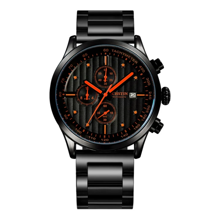 OCHSTIN 7244 Fashion Steel Strap Multifunctional Quartz Men Watch(Black Orange)