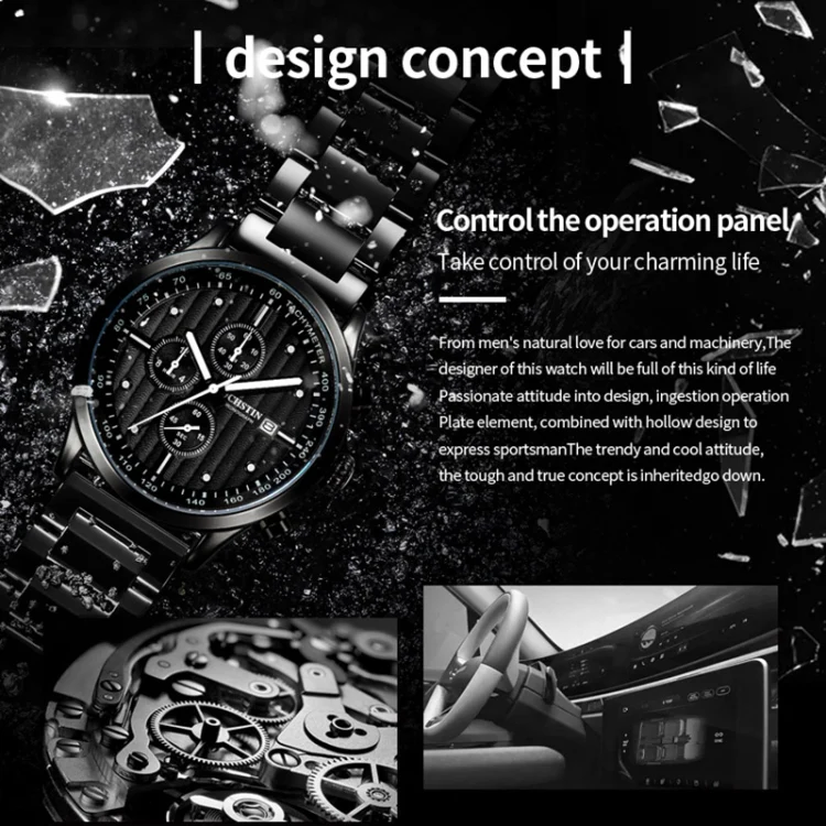 OCHSTIN 7244 Fashion Steel Strap Multifunctional Quartz Men Watch(Black White) - Image 4
