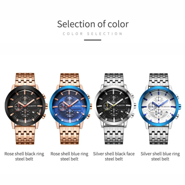 OCHSTIN 7248 Fashion Steel Strap Multifunctional Quartz Men Watch(Rose Gold Blue) - Image 2