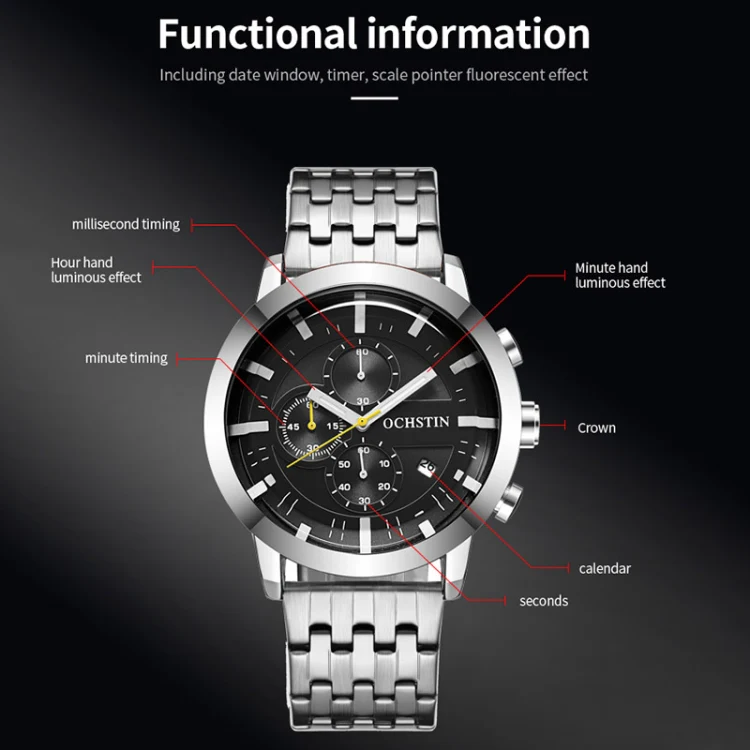 OCHSTIN 7248 Fashion Steel Strap Multifunctional Quartz Men Watch(Silver Black) - Image 3