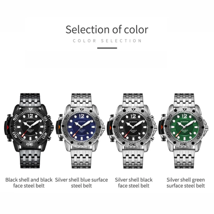 OCHSTIN 7249 Fashion Steel Strap Multifunctional Quartz Men Watch(Black+Black) - Image 2