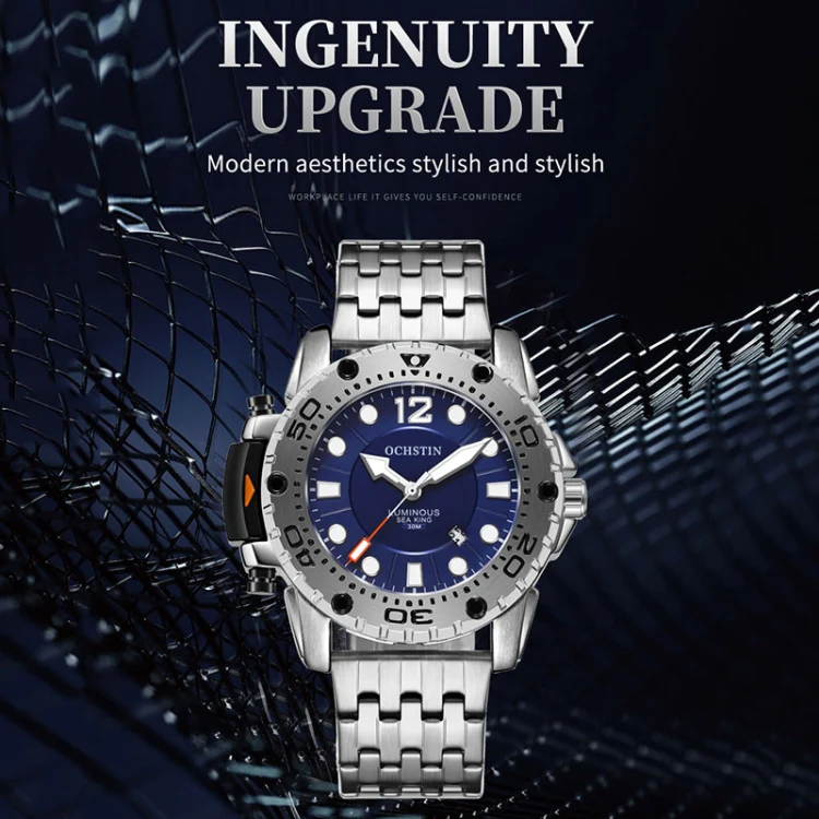 OCHSTIN 7249 Fashion Steel Strap Multifunctional Quartz Men Watch(Silver+Blue) - Image 3
