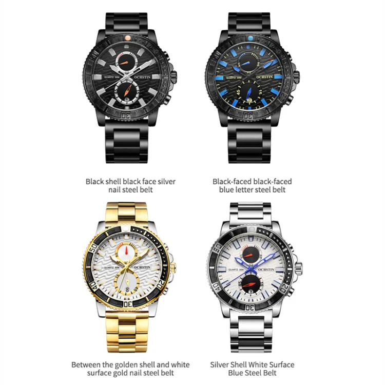 OCHSTIN 7250 Fashion Steel Strap Multifunctional Quartz Men Watch(Black+Black) - Image 2